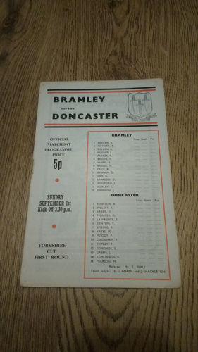 Bramley v Doncaster Yorkshire Cup Sept 1974 Rugby League Programme