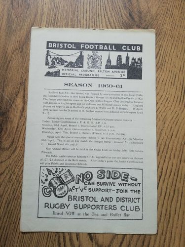 Bristol v Bedford Apr 1961 Rugby Programme