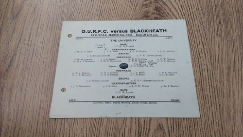 Oxford University v Blackheath Mar 1938 Rugby Programme