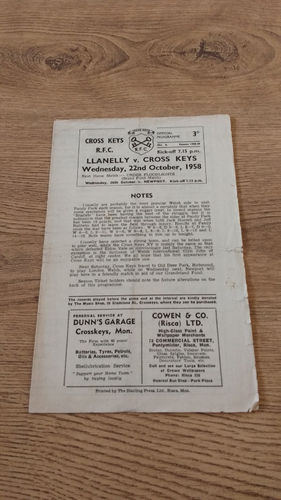 Cross Keys v Llanelly Oct 1958 Rugby Programme