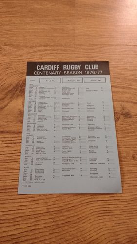 Cardiff Rugby Club 1976-77 Centenary Fixture List