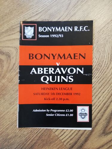Bonymaen v Aberavon Quins 1992 Rugby Programme