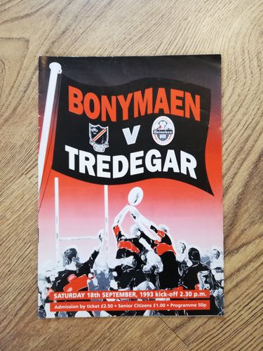 Bonymaen v Tredegar Sept 1993 Rugby Programme