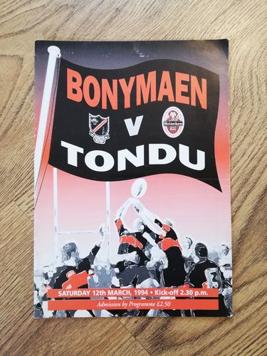 Bonymaen v Tondu 1994 Rugby Programme