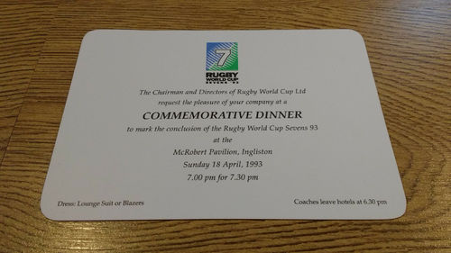 Rugby World Cup Sevens 1993 Dinner Invitation Card