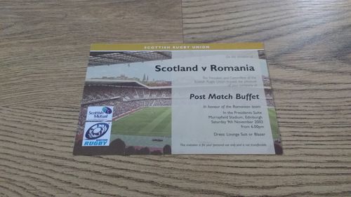 Scotland v Romania 2002 Rugby Post Match Buffet Invitation Card