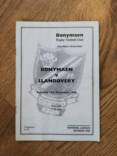 Bonymaen v Llandovery Dec 1998 Programme
