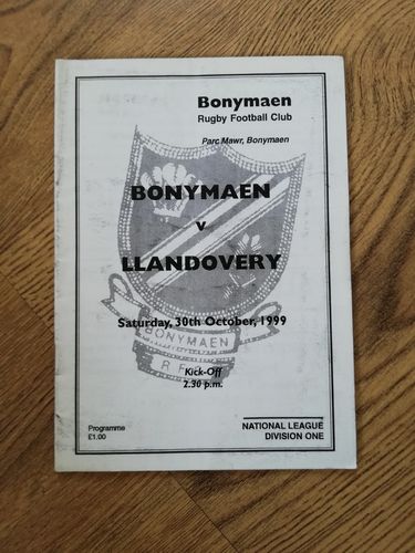 Bonymaen v Llandovery Oct 1999 Rugby Programme