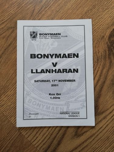 Bonymaen v Llanharan Nov 2001 Rugby Programme