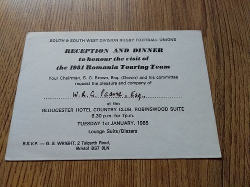 South & South West Division v Romania 1985 Dinner Invitation Card
