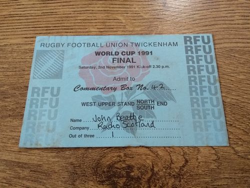 Australia v England 1991 Rugby World Cup Final Commentary Box Ticket