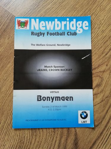 Newbridge v Bonymaen Mar 1999 Rugby Programme