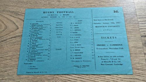 Cambridge University v Rugby Dec 1956 Rugby Programme