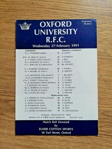 Oxford University v Swansea University Feb 1991 Rugby Programme