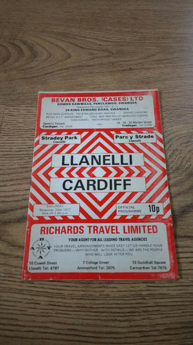 Llanelli v Cardiff Nov 1977 Rugby Programme