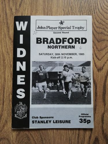 Widnes v Bradford Northern Nov 1985 John Player Trophy RL Programme