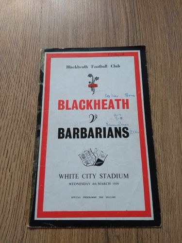 Blackheath v Barbarians Mar 1959 Rugby Programme