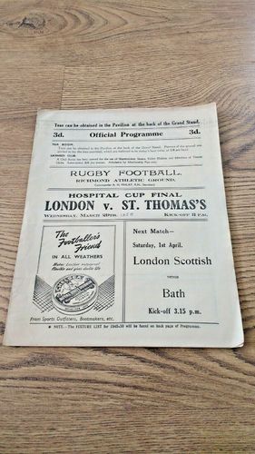 London v St Thomas's Mar 1950 Hospital Cup Final Rugby Programme