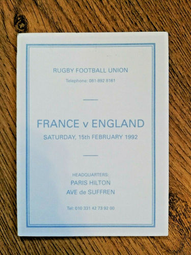 France v England 1992 Rugby Itinerary Card