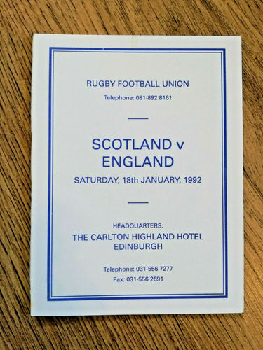 Scotland v England 1992 Rugby Itinerary Card
