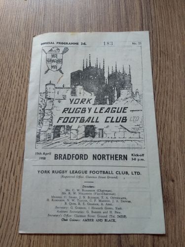 York v Bradford Northern Apr 1958 Rugby League Programme