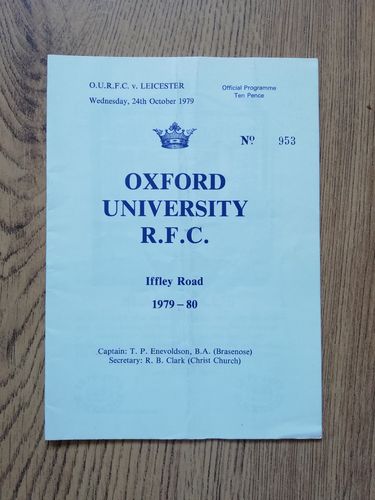Oxford University v Leicester Oct 1979 Rugby Programme