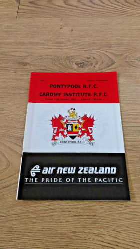 Pontypool v Cardiff Institute Oct 1991 Rugby Programme