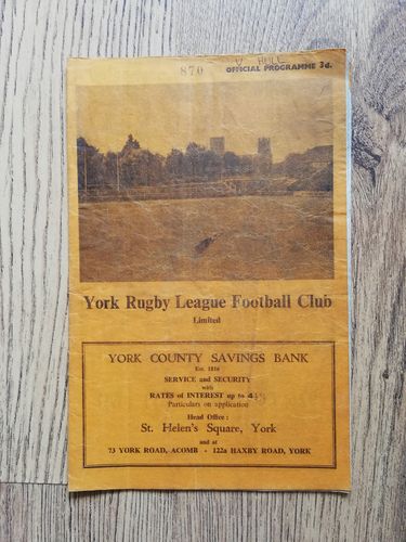 York v Hull Aug 1960 Rugby League Programme