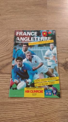 France v England 1992 Rugby Programme