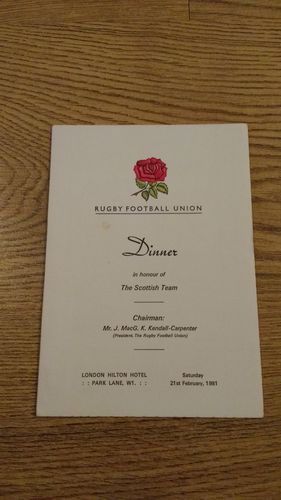 England v Scotland 1981 Rugby Dinner Menu & Guest List