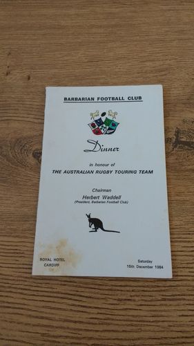 Barbarians v Australia 1984 Rugby Dinner Menu & Guest List