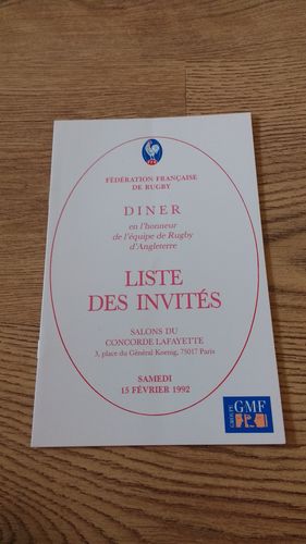 France v England 1992 Rugby Dinner Guest List