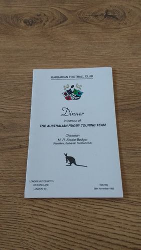 Barbarians v Australia 1992 Rugby Dinner Menu & Guest List