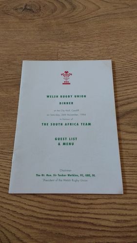 Wales v South Africa 1994 Rugby Dinner Menu & Guest List