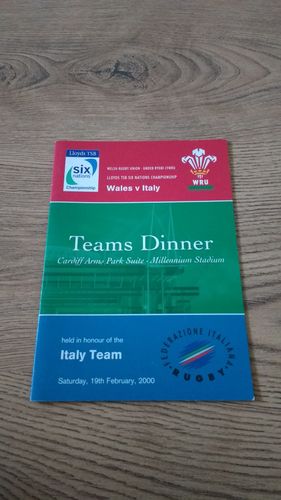 Wales v Italy 2000 Rugby Dinner Menu & Guest List