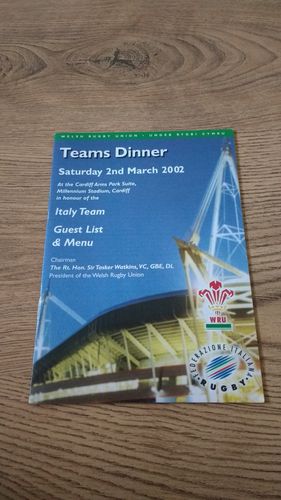 Wales v Italy 2002 Rugby Dinner Menu & Guest List