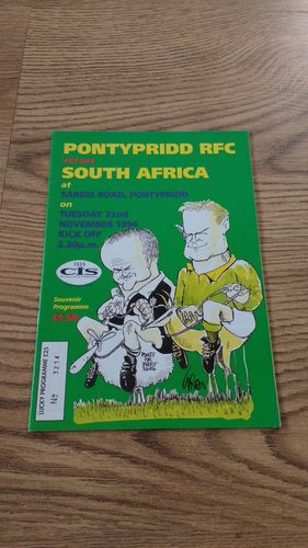 Pontypridd v South Africa 1994 Rugby Programme