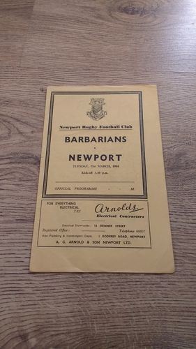 Newport v Barbarians Mar 1964 Rugby Programme
