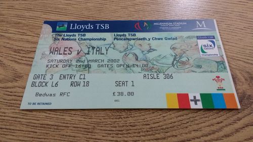 Wales v Italy 2002 Rugby Ticket