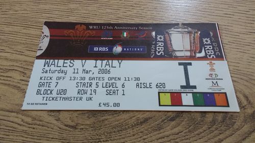 Wales v Italy 2006 Rugby Ticket