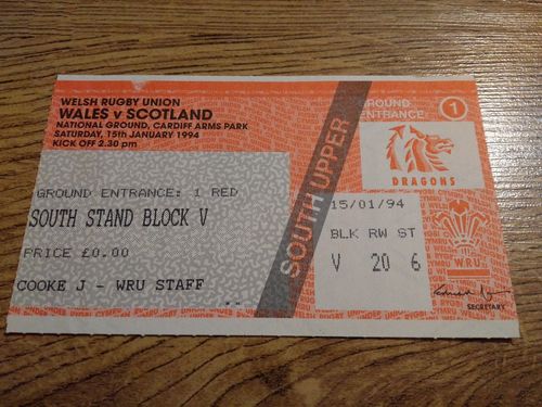 Wales v Scotland 1994 Rugby Ticket