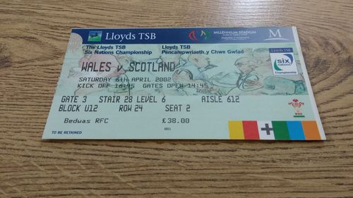 Wales v Scotland 2002 Rugby Ticket