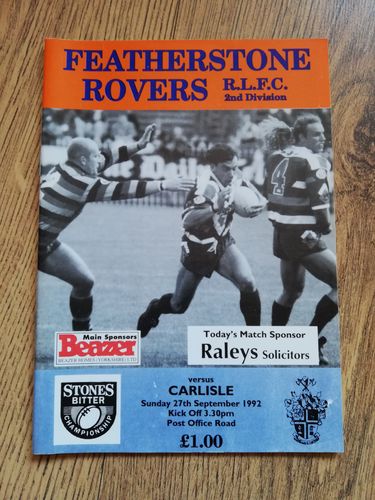 Featherstone v Carlisle Sept 1992 Rugby League Programme