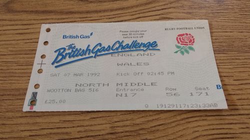 England v Wales 1992 Rugby Ticket