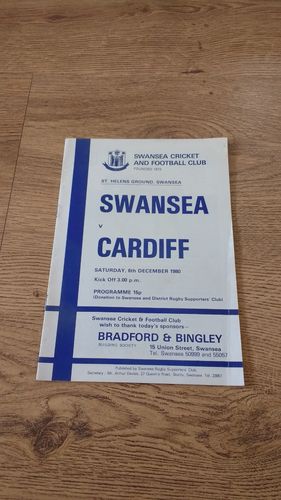 Swansea v Cardiff Dec 1980 Rugby Programme