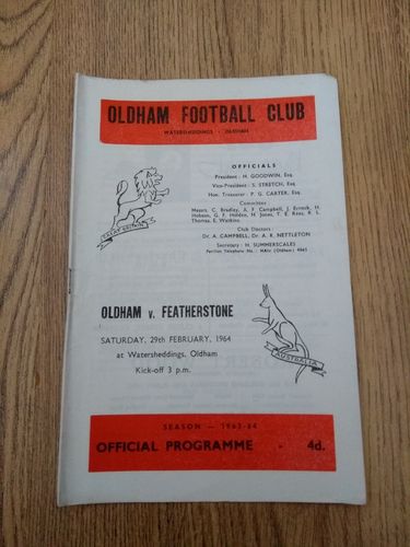 Oldham v Featherstone Feb 1964 Rugby League Programme