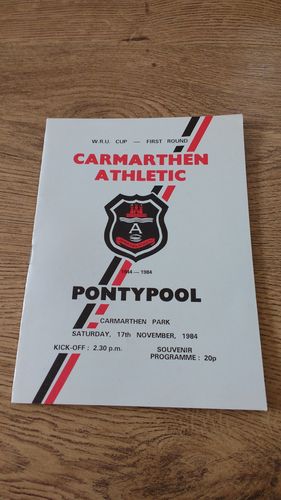 Carmarthen Athletic v Pontypool WRU Cup Nov 1984 Rugby Programme