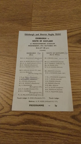 Edinburgh v South of Scotland Oct 1971 Rugby Programme