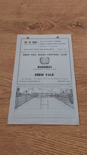 Ebbw Vale v Duendes (Argentina) Apr 1967 Rugby Programme