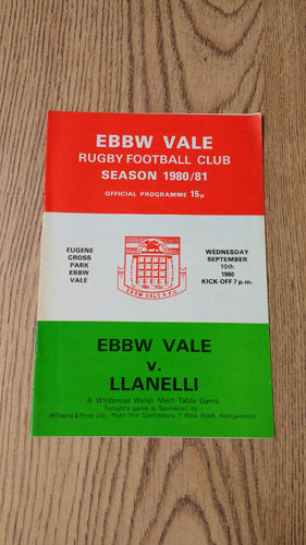 Ebbw Vale v Llanelli Sept 1980 Rugby Programme